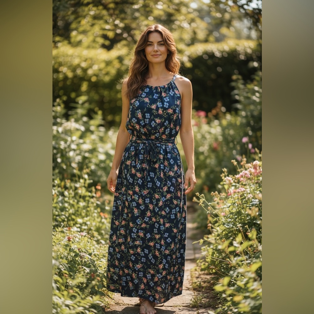 Bloom Chic Navy Floral Halter Maxi Dress with Tie Waist